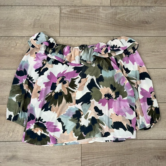 J. CREW MERCANTILE purple & green floral watercolor off the shoulder blouse L - Picture 11 of 11